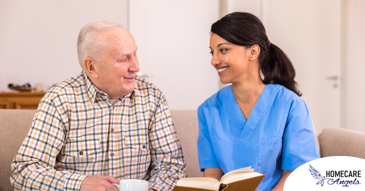 A professional caregiver enjoys her flexible career as she cares for and reads to an older client.