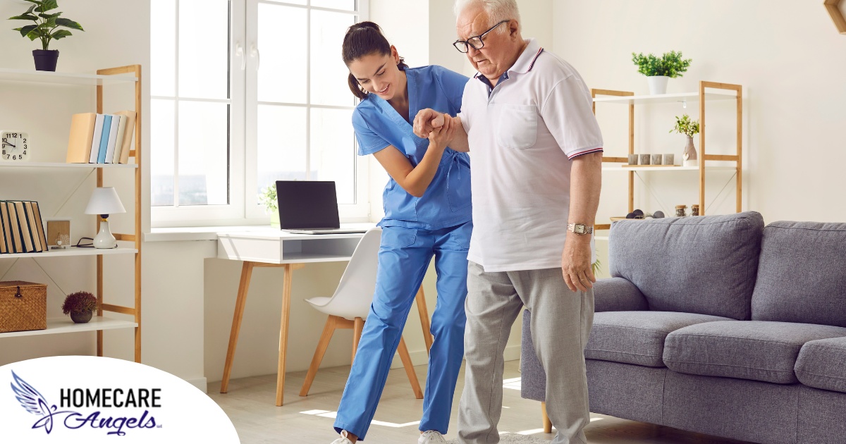 Seniors may need extra help after a fall, and elder care professionals, like this one helping a senior client, can make a massive difference.