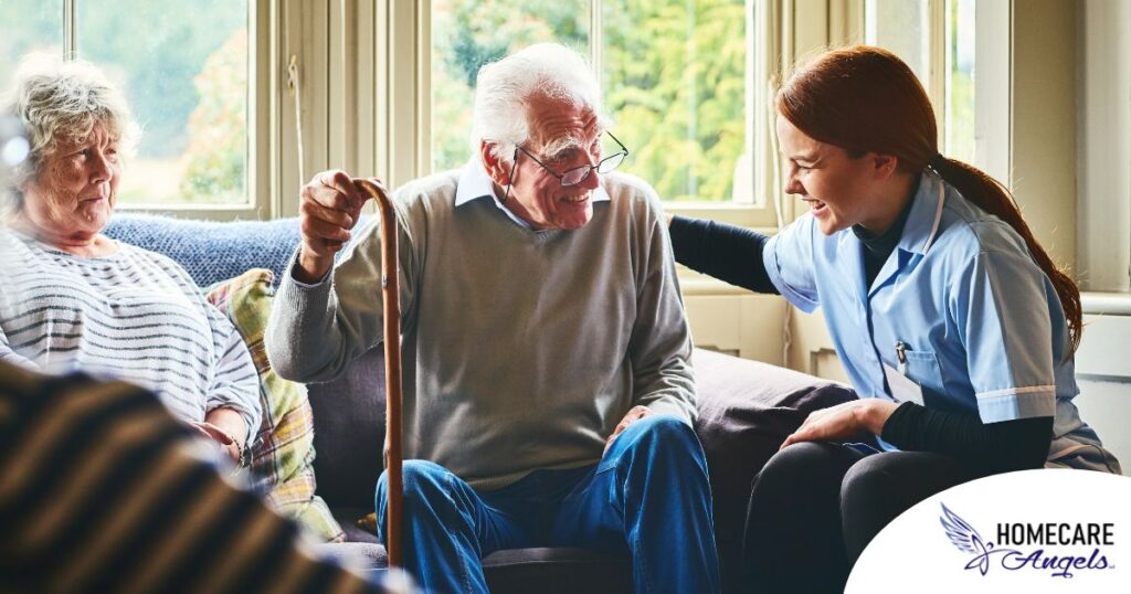 A woman has a good time with her older clients, representing the kind of personal skills needed to be a good caregiver.