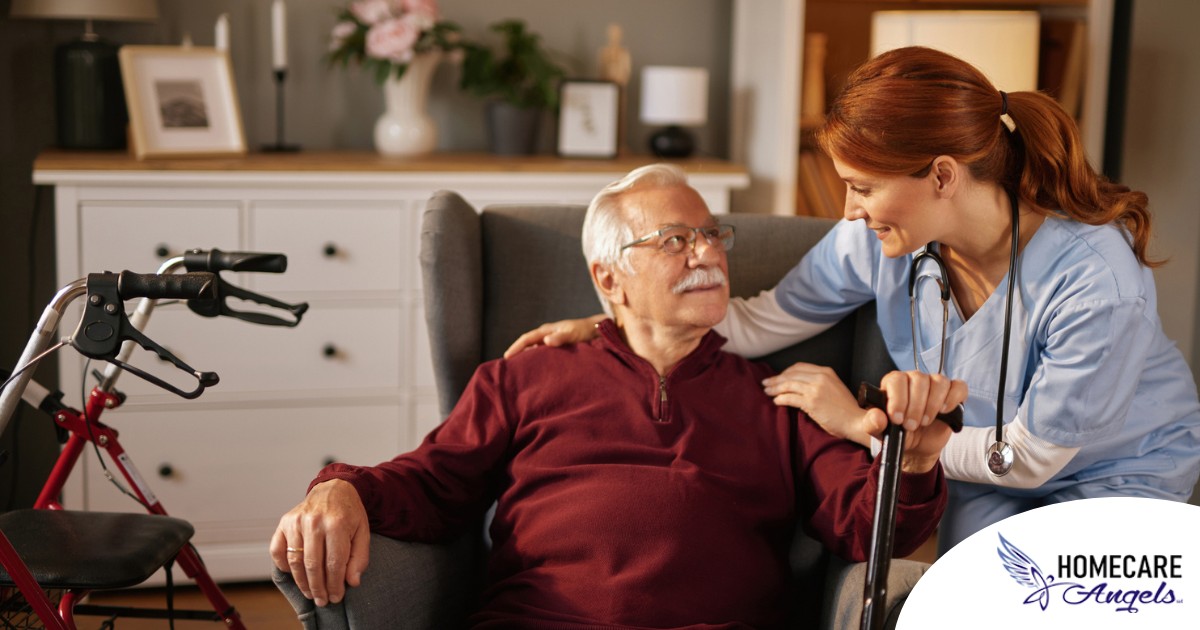 A caregiver helping a woman with a walker make her senior home safer.