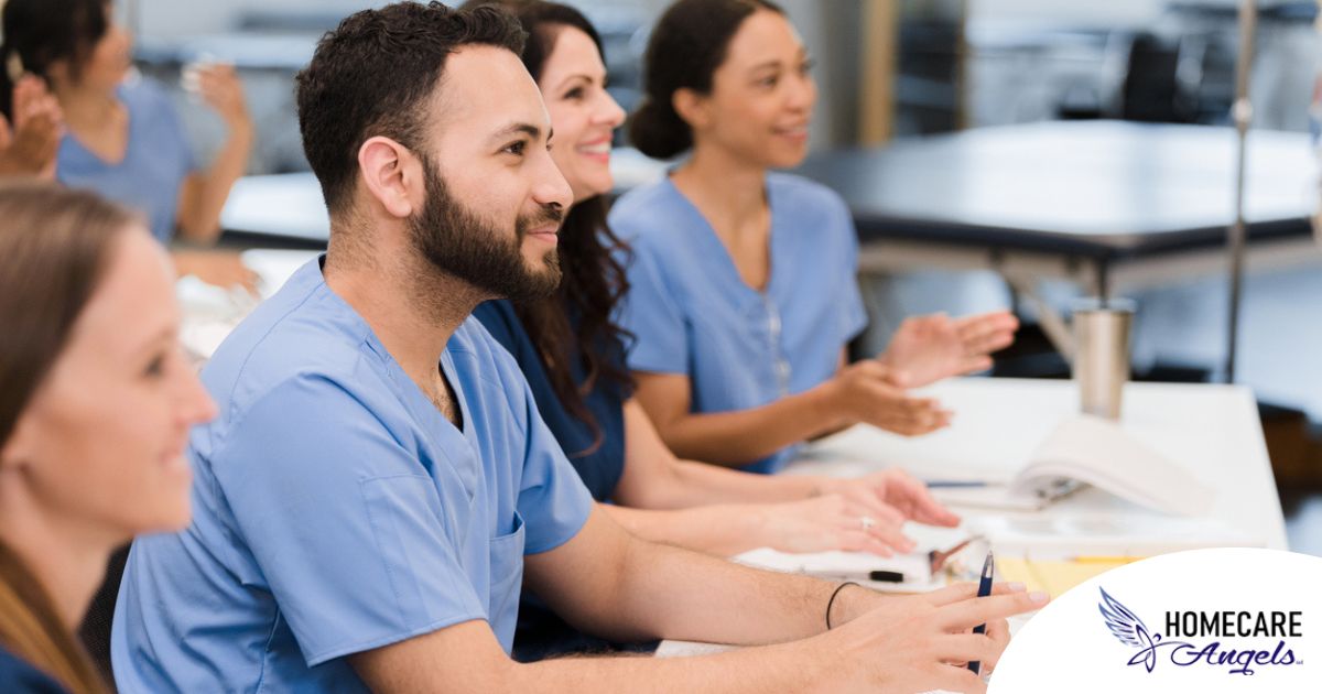 Senior caregivers attend a professional development course.