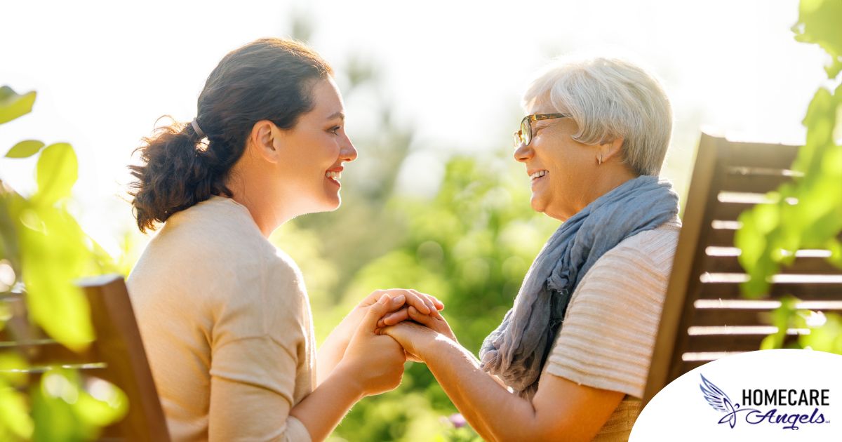 Caregiver provides at home senior services to an elderly loved one