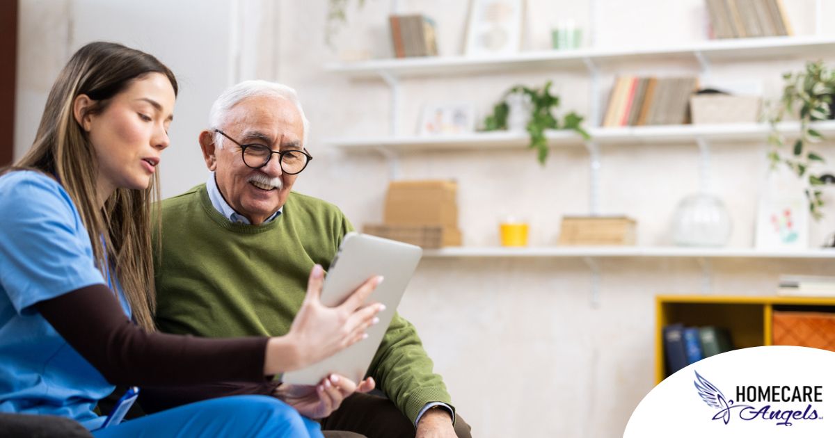 Home caregiver assisting senior man to use telehealth and senior care