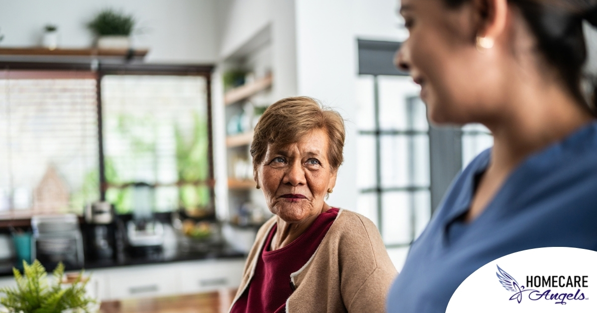 Caregiver provides attentive senior care as part of diabetes awareness